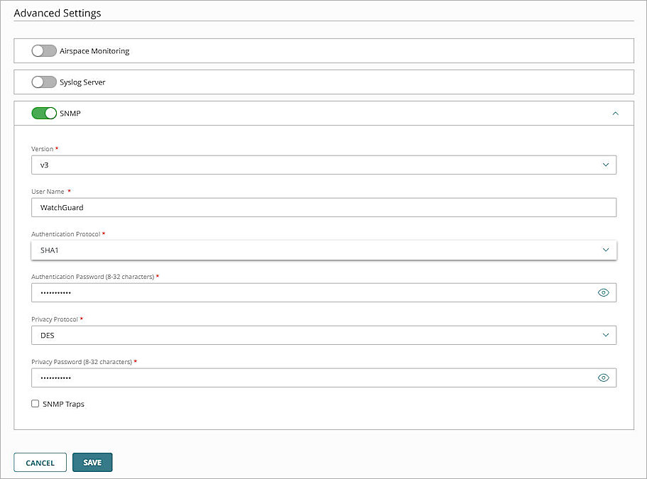 Screenshot of WatchGuard Cloud, the configuration of AP SNMP